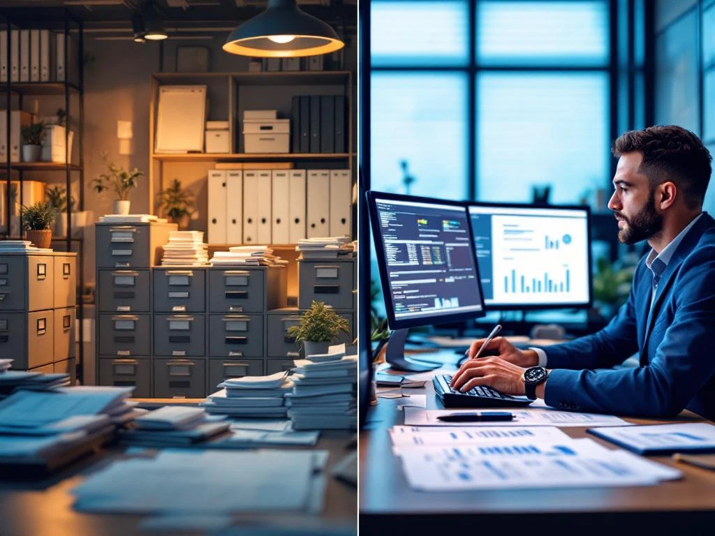 Kantooromgevingen verdeeld: administratief bureau met dossiers links, boekhoudwerkplek met financiële rapporten rechts