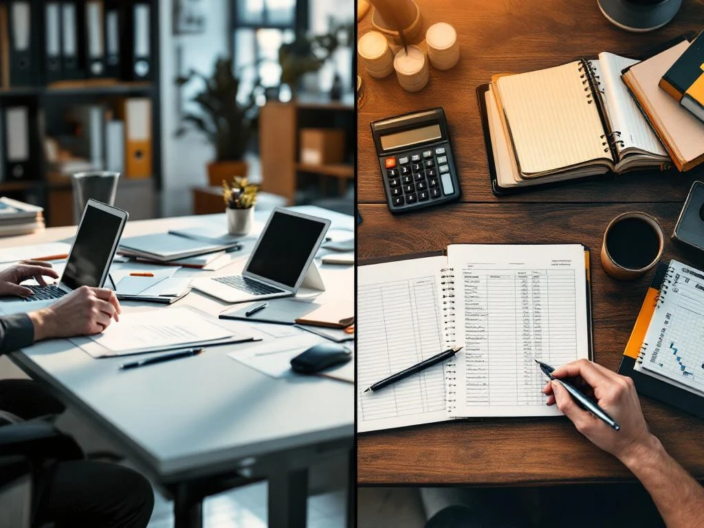 Split-screen vergelijking van moderne digitale kantoorwerkplek versus traditionele boekhouder werkruimte met ledgers