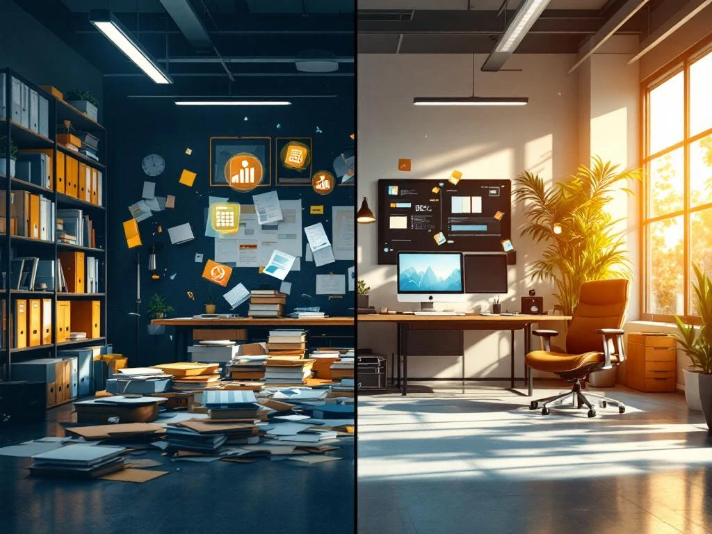 Vergelijking van traditionele rommelige kantooromgeving versus moderne digitale werkplek met premium technologie