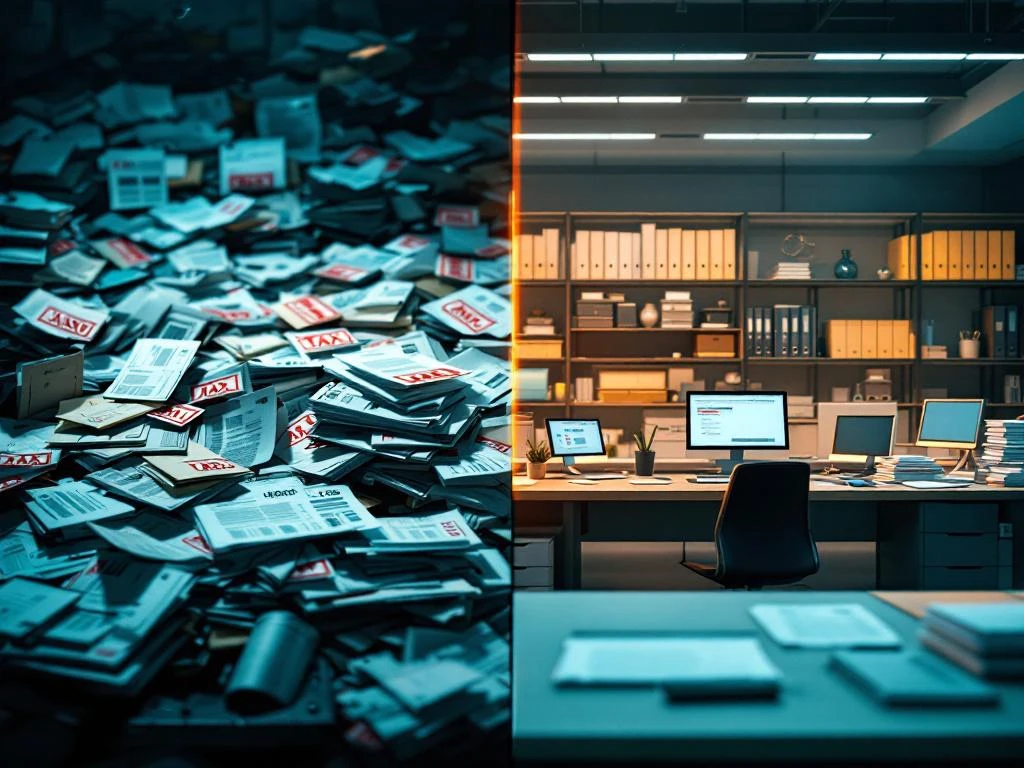 Gesplitst beeld van chaotisch bureau met onbetaalde rekeningen links versus georganiseerde moderne kantoorruimte rechts