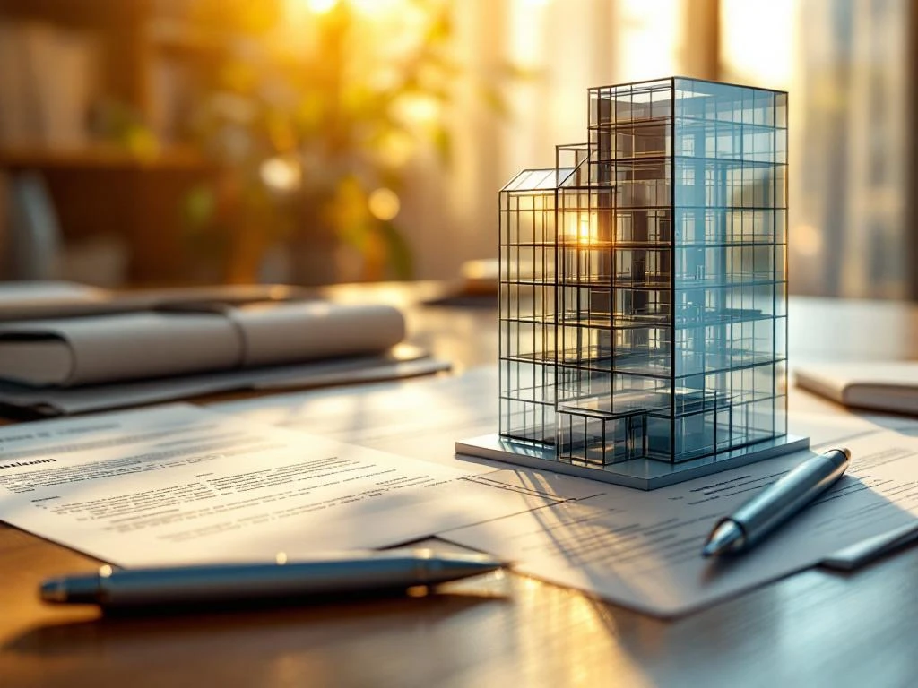 Modern glazen kantoorgebouw oprijzend uit Nederlandse zakelijke documenten op houten bureau met zilveren pen