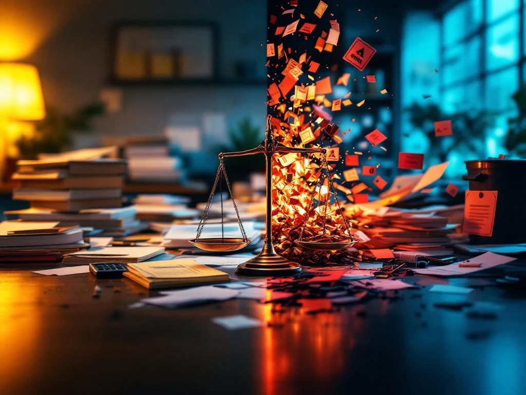 Gesplitst kantoorbeeld toont georganiseerd bureau tegenover chaotische werkplek met waarschuwingen en rommel