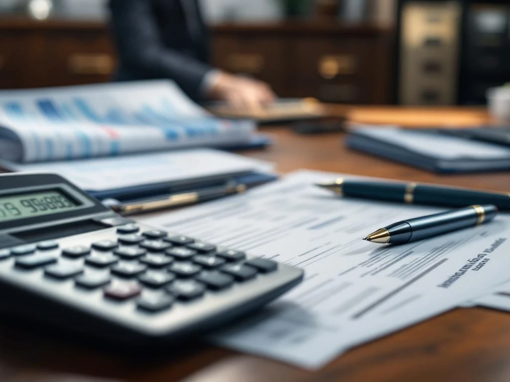 Calculator met investeringsaftrekberekeningen op houten bureau omringd door belastingformulieren en financiële documenten