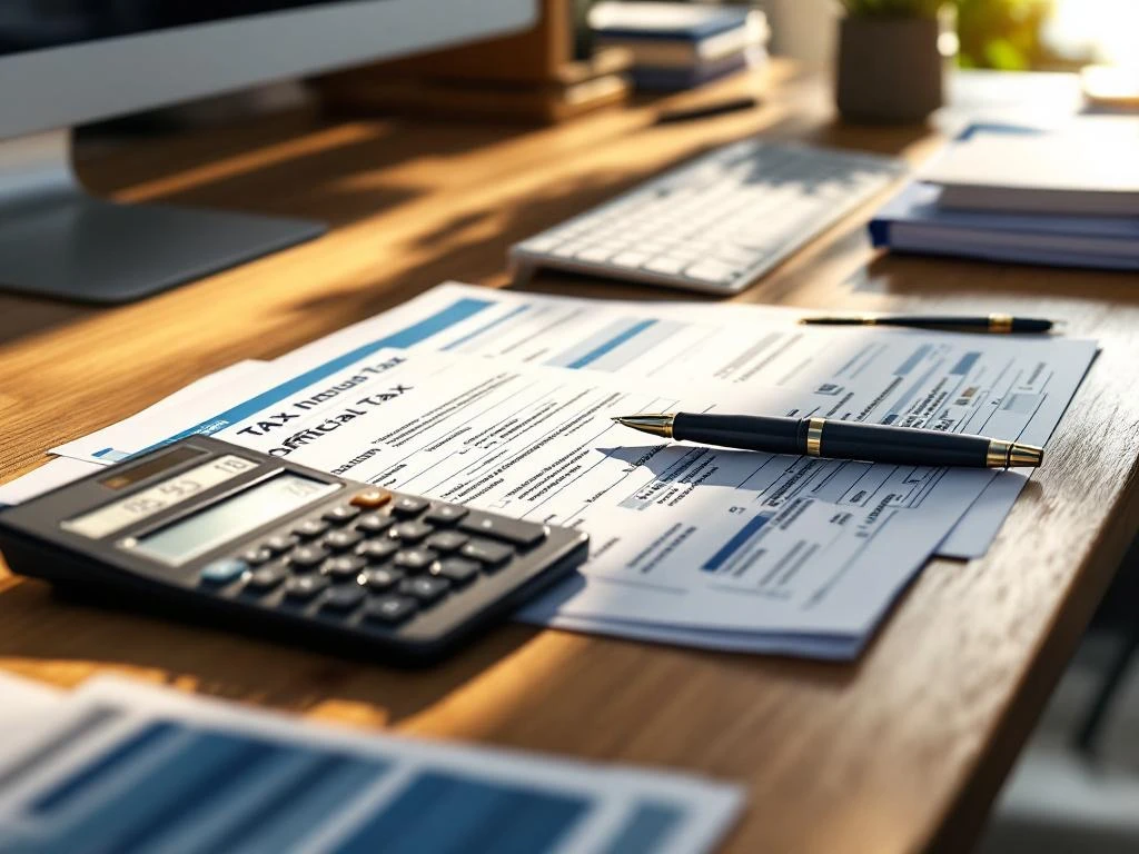 Houten bureau met Nederlandse belastingformulieren, rekenmachine, vulpen en georganiseerde administratie in professioneel kantoor