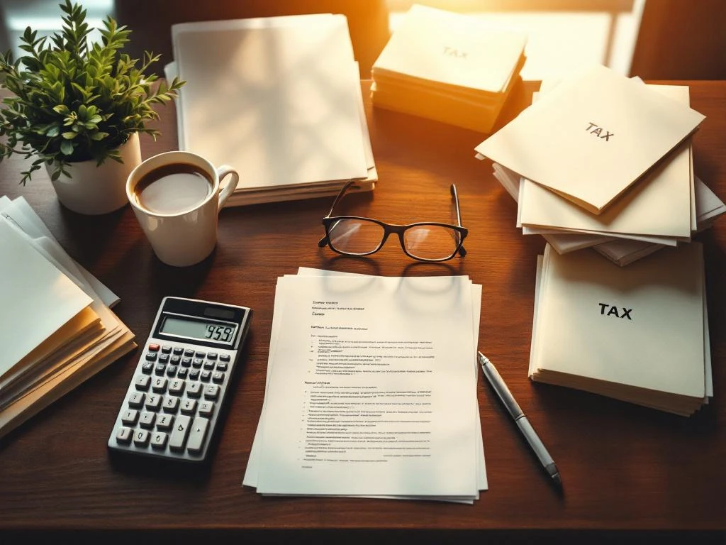 Mahoniehout bureau met financiële documenten, rekenmachine, pen en bril in professionele kantooromgeving