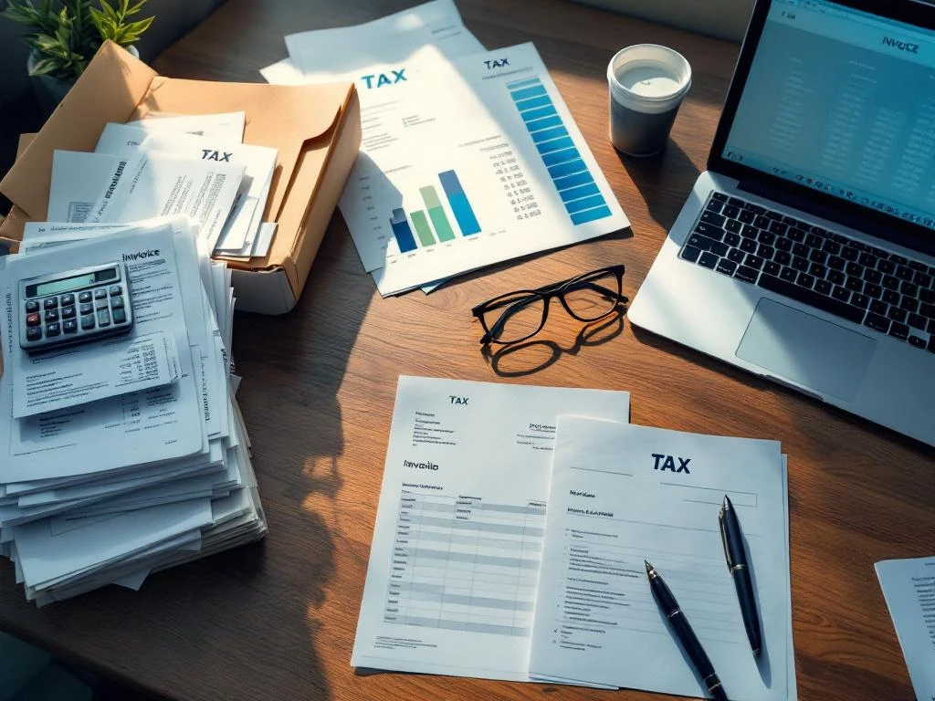 Georganiseerd houten bureau met belastingdocumenten, rekenmachine, laptop met spreadsheet en manila mappen