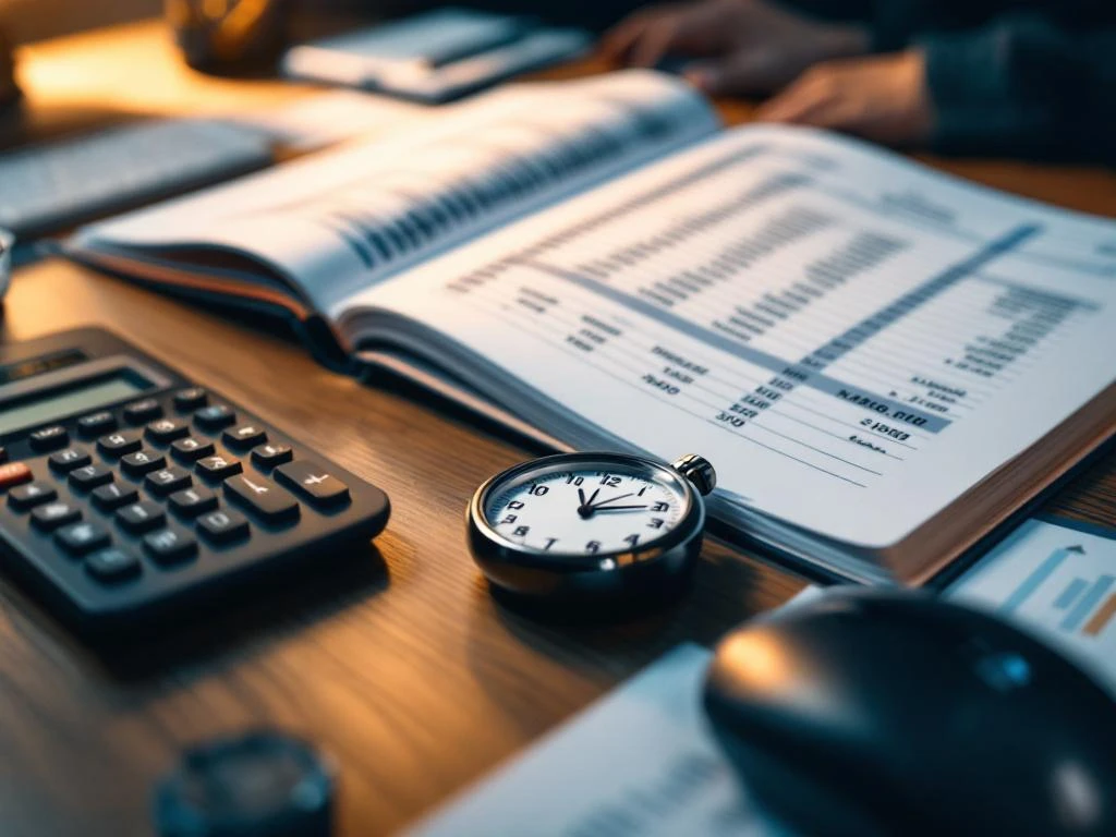 Moderne boekhoudwerkplek met opengeslagen grootboek, rekenmachine, financiële documenten en zandloper op houten bureau