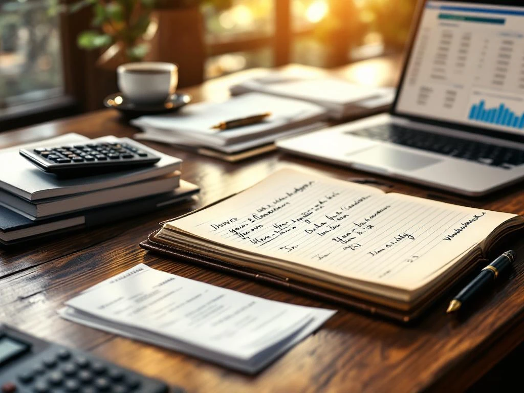 Elegante houten bureau met open leren grootboek, rekenmachine, laptop met spreadsheet en georganiseerde financiële documenten