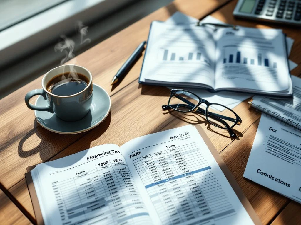 Bovenaanzicht van moderne kantoorbureau met opengeslagen grootboek, rekenmachine, belastingdocumenten en koffiekopje