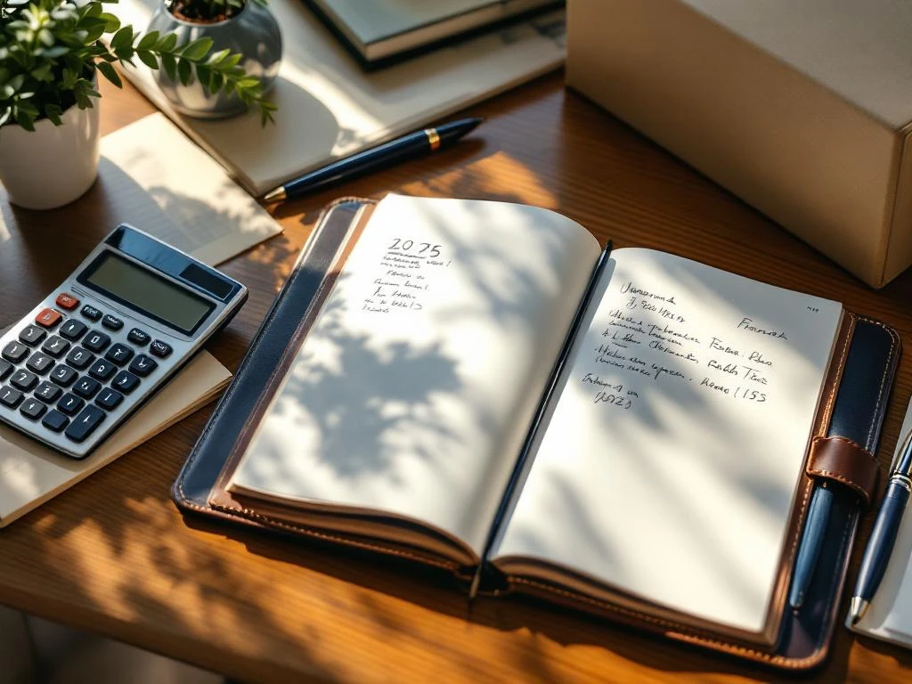 Bovenaanzicht van modern kantoorbureau met open grootboek, rekenmachine, mappen en vulpen voor financiële administratie