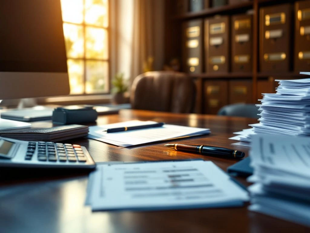 Mahonie bureau met financiële documenten, rekenmachine en facturen in professioneel kantoor met natuurlijk licht