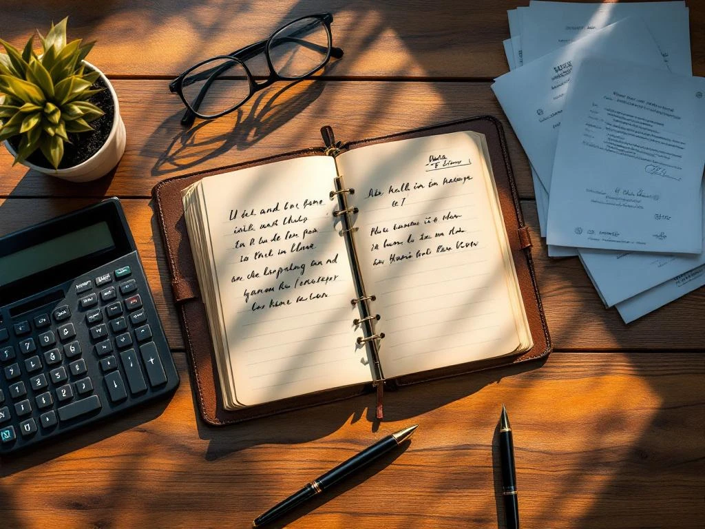 Bovenaanzicht van modern kantoorbureau met open grootboek, vulpen, rekenmachine en financiële documenten in warm licht