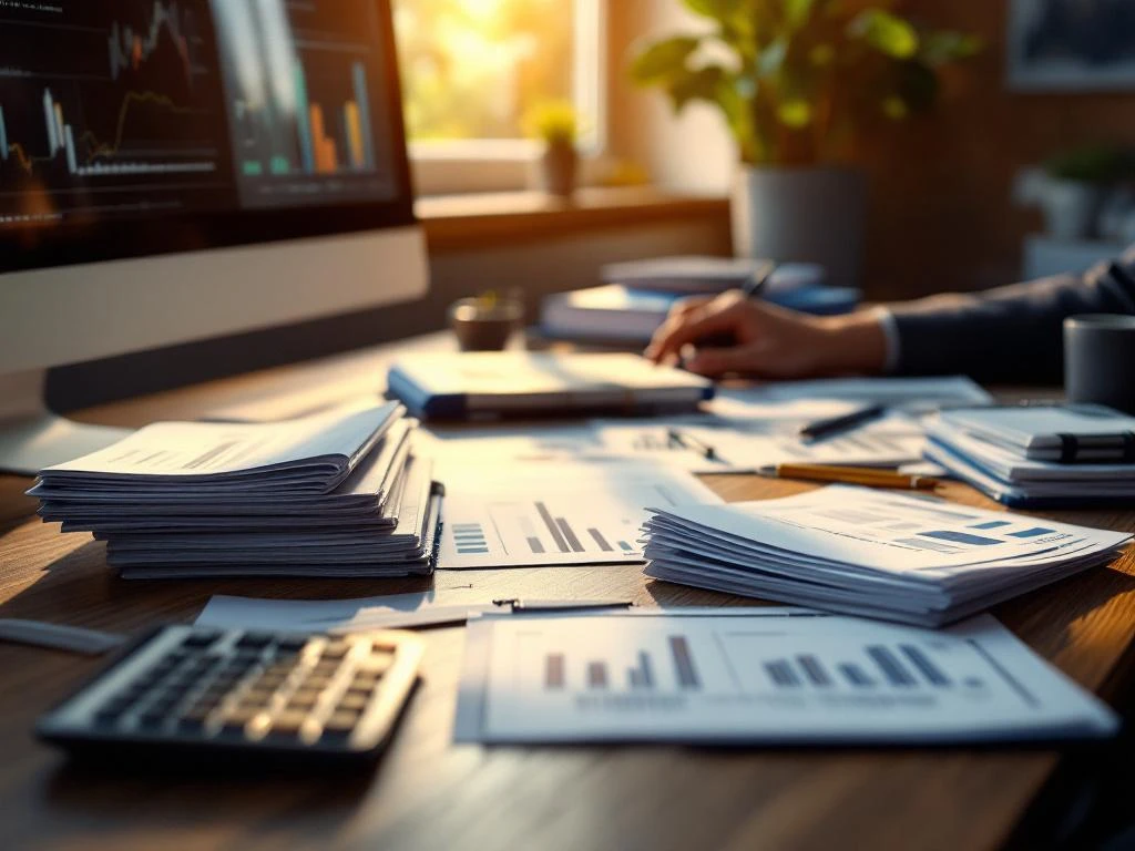 Georganiseerd houten bureau met financiële documenten, rekenmachine en mappen in professioneel kantoor met natuurlijk licht