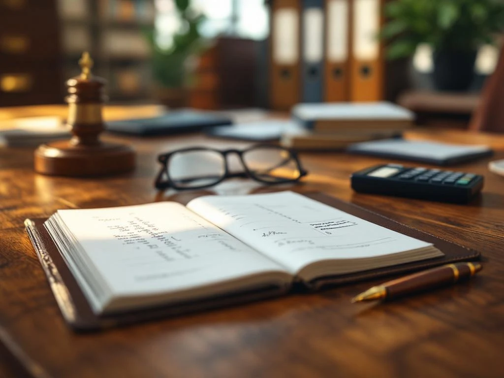 Elegant houten bureau met open leren grootboek, vulpen, rekenmachine en leesbril voor boekhoudkundige werkzaamheden