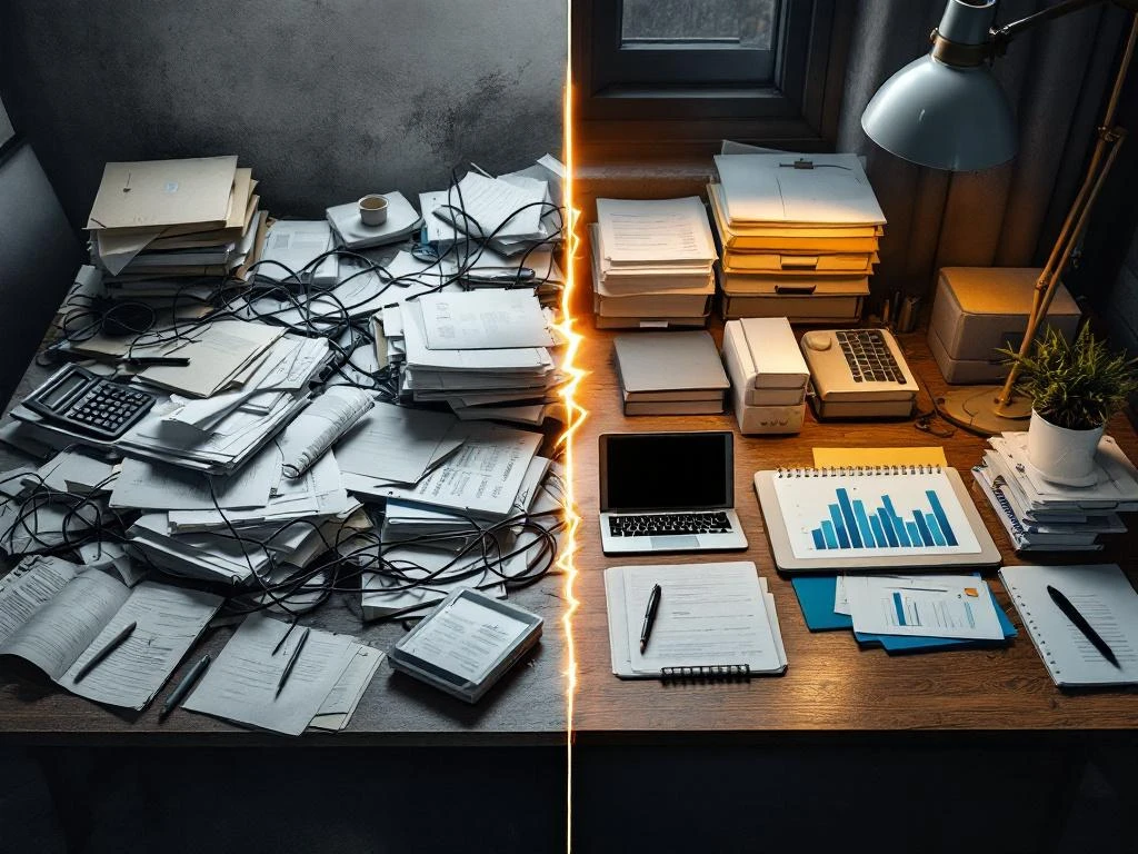 Gesplitst werkruimtebeeld toont overgang van rommelig bureau naar georganiseerde digitale werkplek met tablet en bestanden