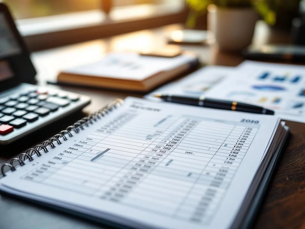 Open grootboek met financiële gegevens, rekenmachine en kalender op modern kantoorbureau met warme verlichting