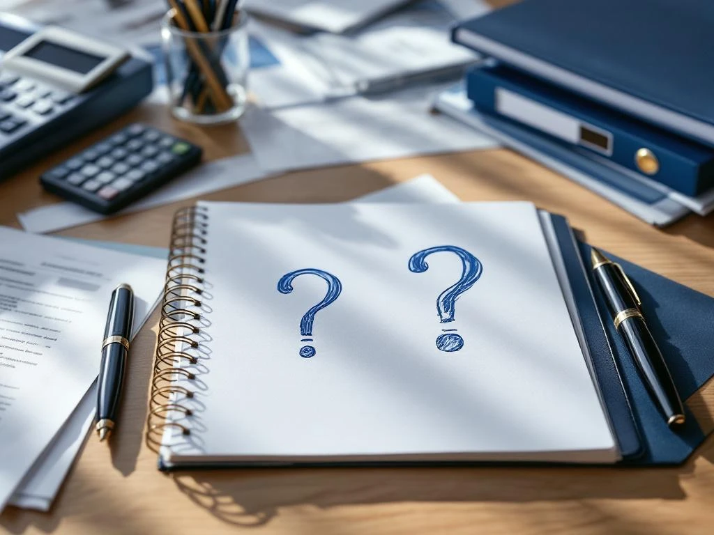 Overhead view van moderne kantoorbureau met open notitieboek vol vragen, financiële documenten en rekenmachine