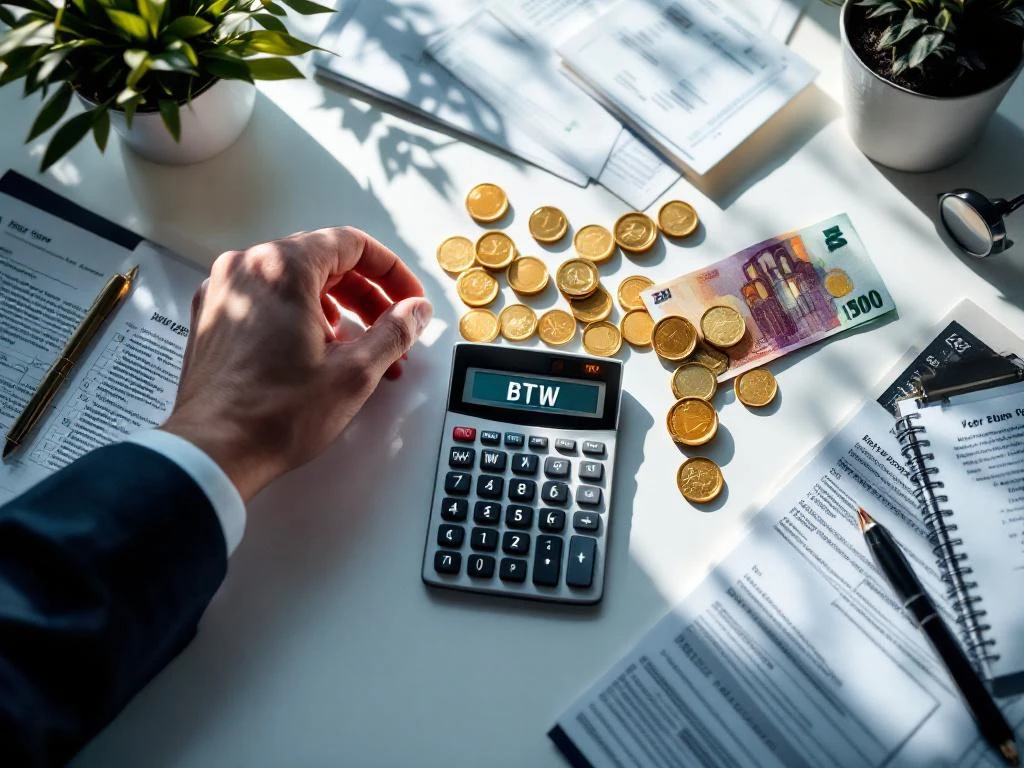 Calculator met BTW-display op wit bureau omringd door Nederlandse belastingdocumenten en euro munten