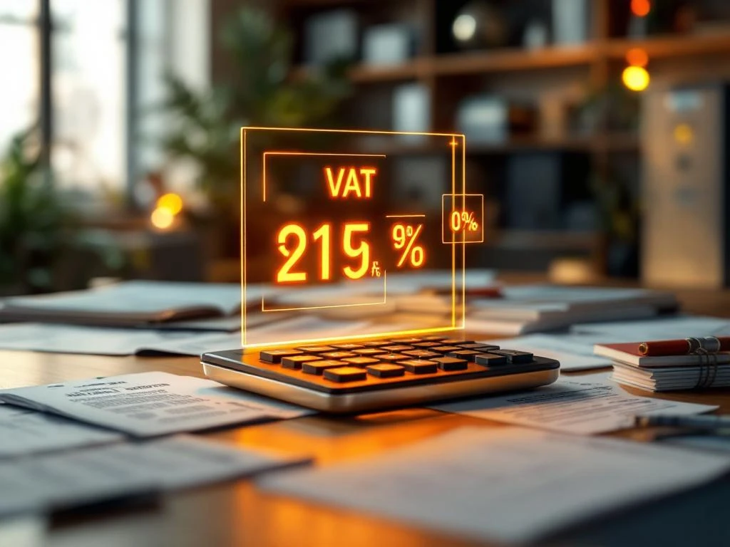 Moderne glazen rekenmachine met oranje BTW-percentages (21%, 9%, 0%) op mahonie bureau met Nederlandse belastingdocumenten