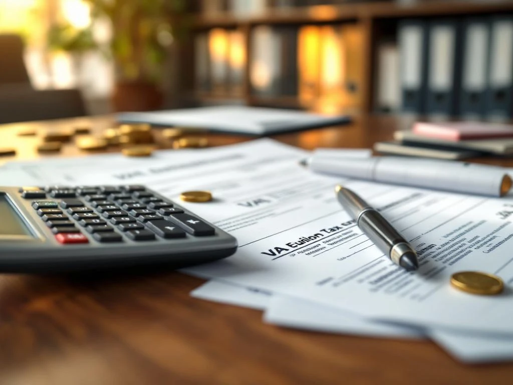 Nederlandse belastingformulieren en BTW-documenten op houten bureau met rekenmachine en euro munten in kantooromgeving