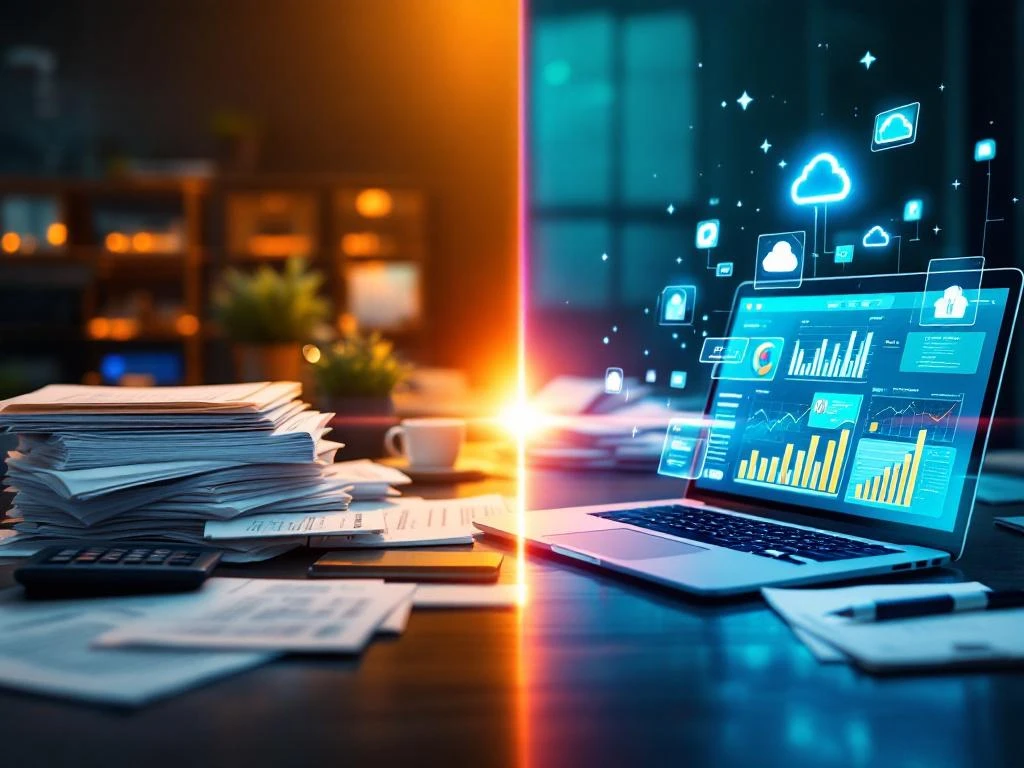 Overgang van traditionele papieren boekhouding naar digitale financiële dashboards op laptop met cloud-iconen