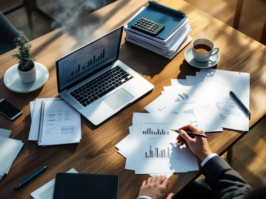 Bovenaanzicht van modern bureau met laptop met financiële spreadsheets, rekenmachine, documenten en koffiekop