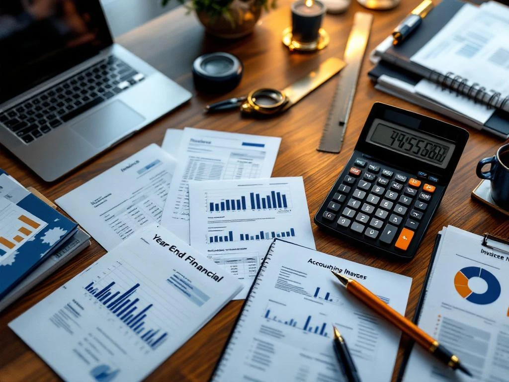 Georganiseerd houten bureau met jaareinddocumenten, rekenmachine, laptop met spreadsheet en boekhoudkundige papieren