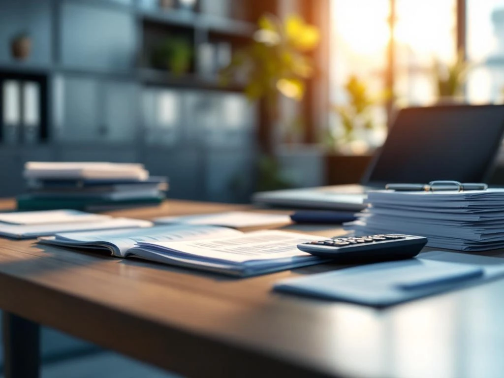 Georganiseerd modern bureau met financiële documenten, rekenmachine en nette stapels papierwerk in professionele kantooromgeving