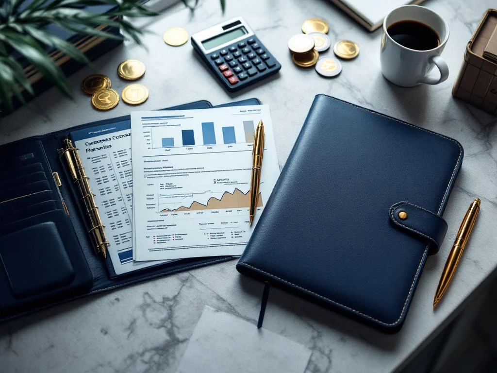 Professioneel bureau met open leren portfolio, financiële documenten, rekenmachine en gouden pen in marineblauw-goud