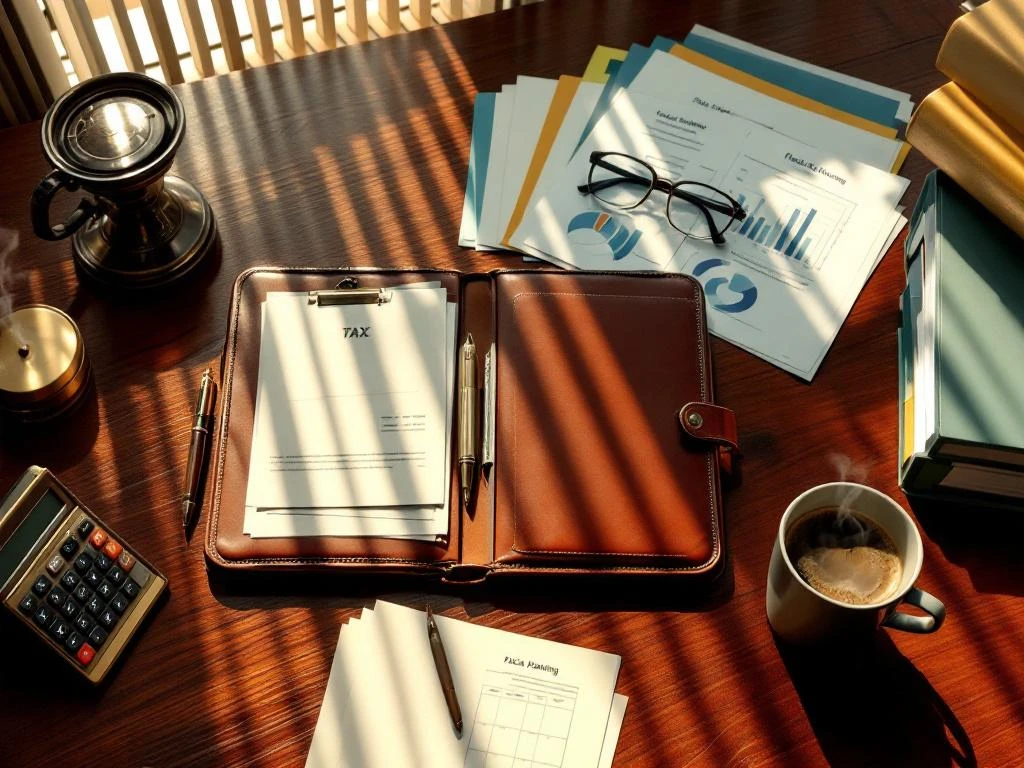 Mahonieholuten bureau met open leren portfolio, financiële documenten, belastingformulieren en vintage rekenmachine