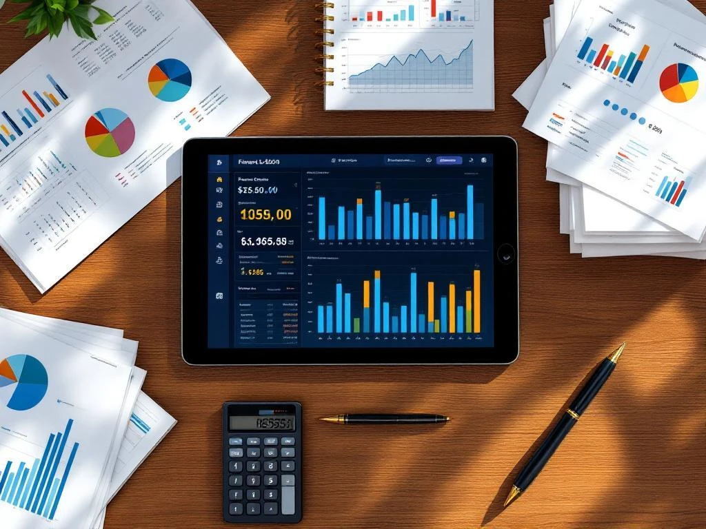 Moderne financiële werkplek met calculator, grafieken, spreadsheets en tablet met digitale analyses op houten bureau