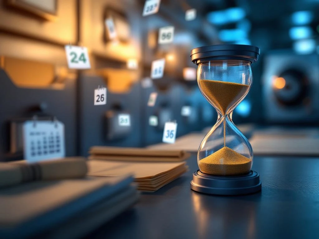 Zandloper voor archiefkasten met mappen, symboliseert bewaartermijnen van documenten en gegevensbescherming