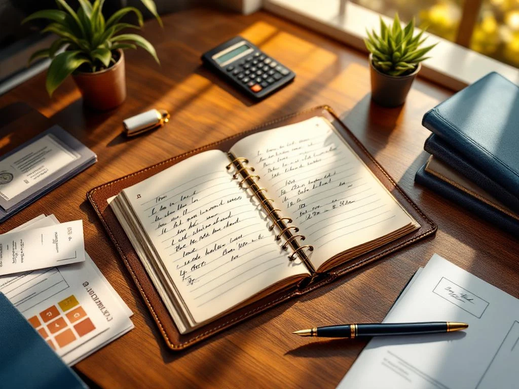 Bovenaanzicht van modern kantoorbureau met opengeslagen grootboek, rekenmachine, documenten en vulpen in warm licht