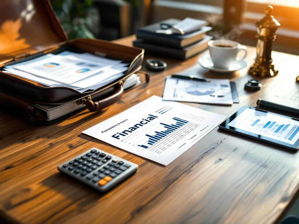 Georganiseerd bureau met financiële documenten, calculator, mappen en open aktetas voor zakelijke vergadering