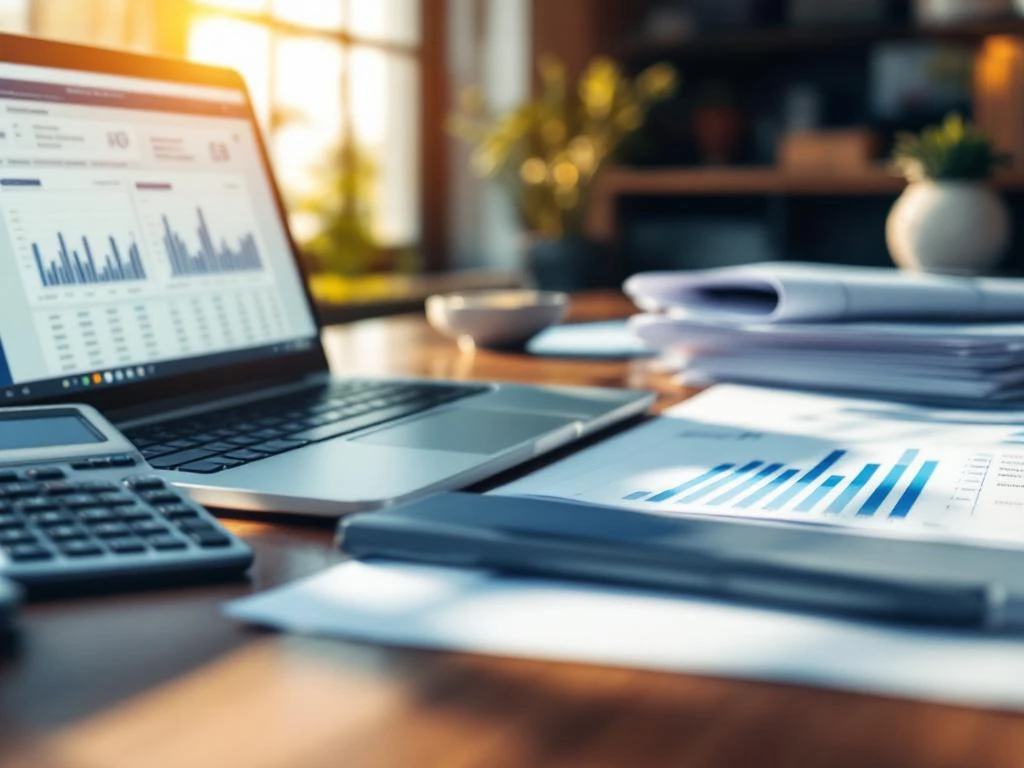 Moderne kantoortools op houten bureau: laptop met spreadsheet, smartphone, documenten en rekenmachine in natuurlijk licht