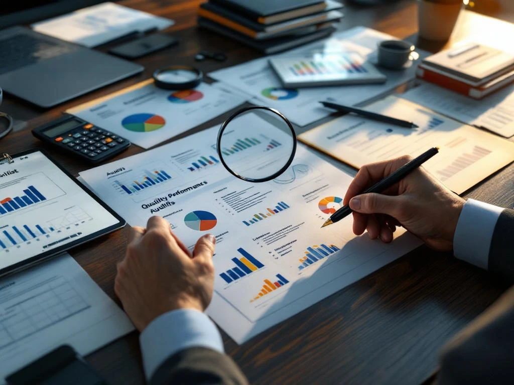 Professionele handen controleren financiële documenten en kwaliteitschecklists op houten bureau met tablet en vergrootglas