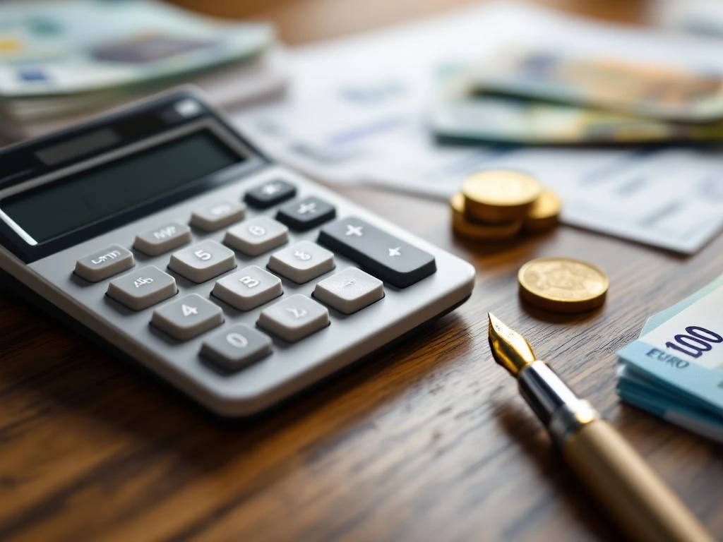 Moderne calculator op houten bureau met eurobiljetten, zakelijke documenten en vulpen voor financiële administratie