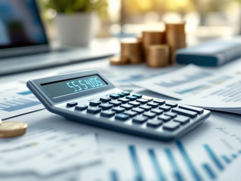 Rekenmachine toont euro bedragen op wit bureau met financiële documenten, munten en laptop op achtergrond