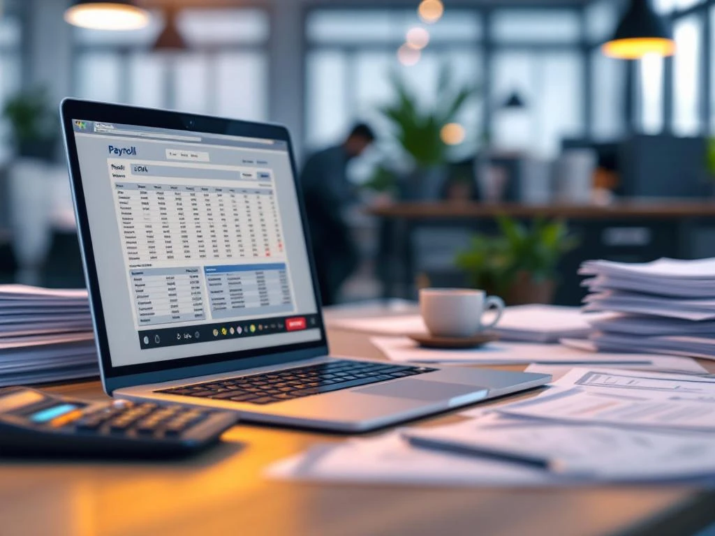 Moderne kantoorbureau met laptop met spreadsheetgegevens, loonstrookdocumenten, rekenmachine en personeelsdossiers