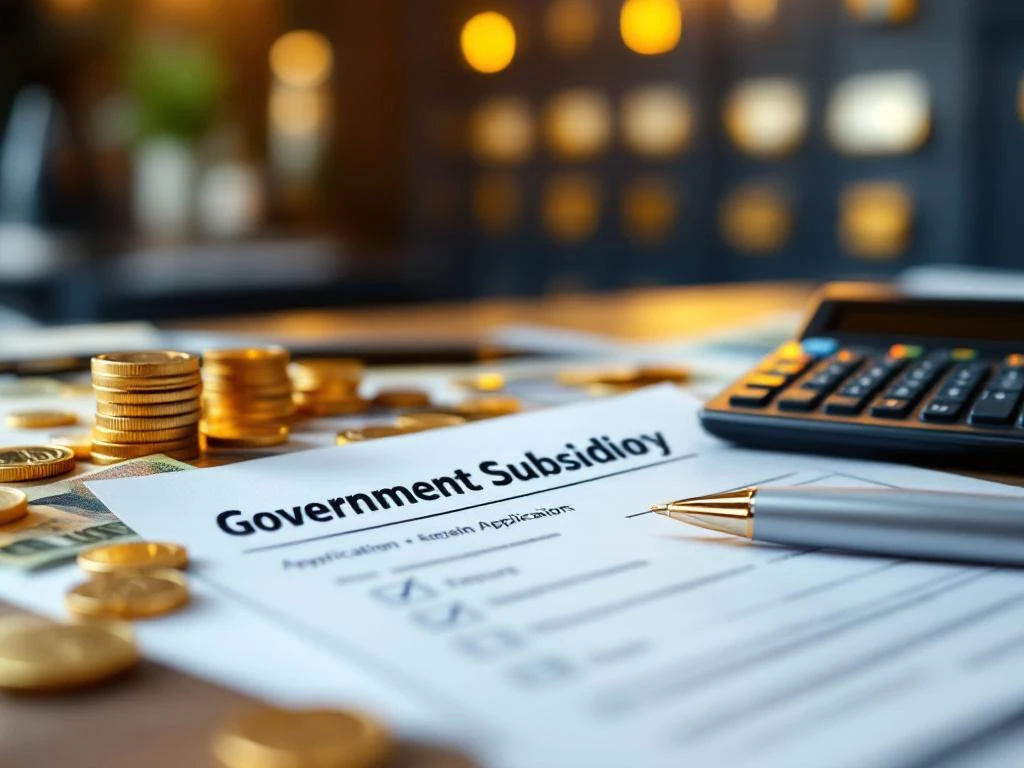 Goedgekeurde overheidssubsidie aanvraagformulieren met rekenmachine, pen, euromunten en bankbiljetten op professioneel bureau