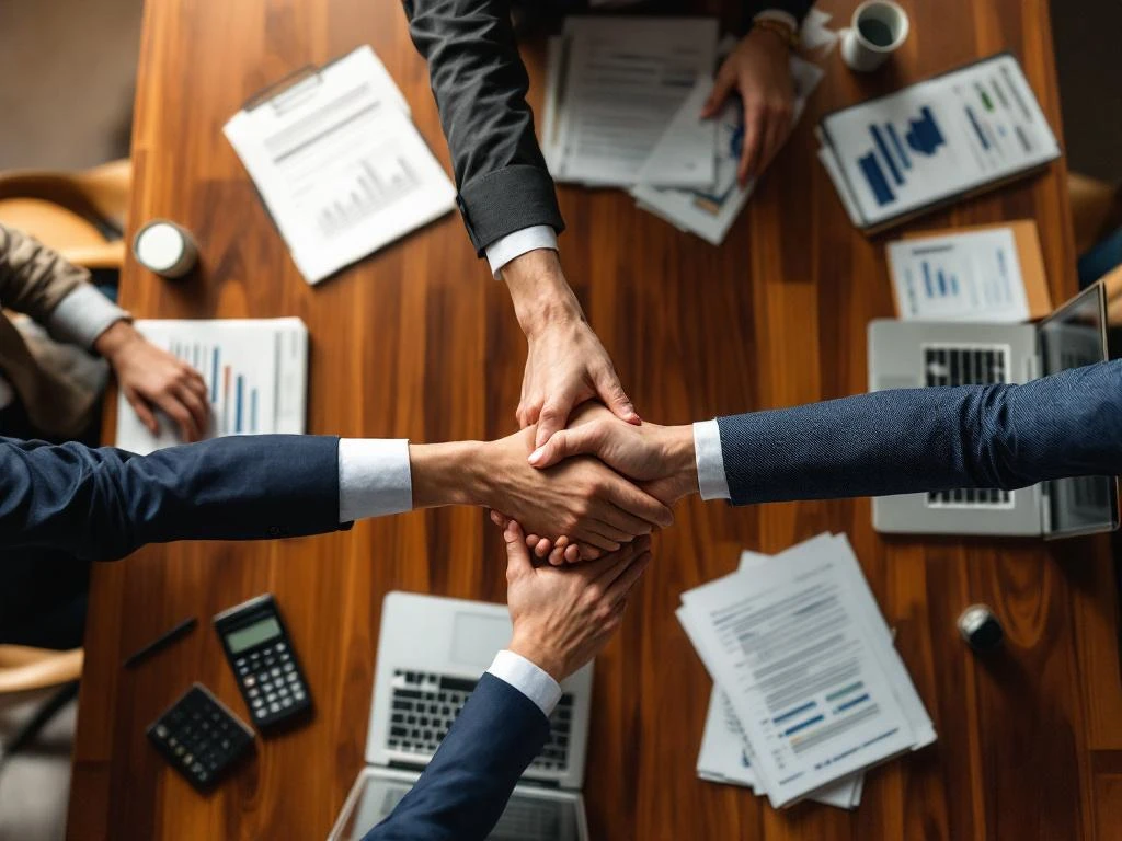 Zakelijke handdruk boven houten vergadertafel met financiële documenten, laptops en calculators