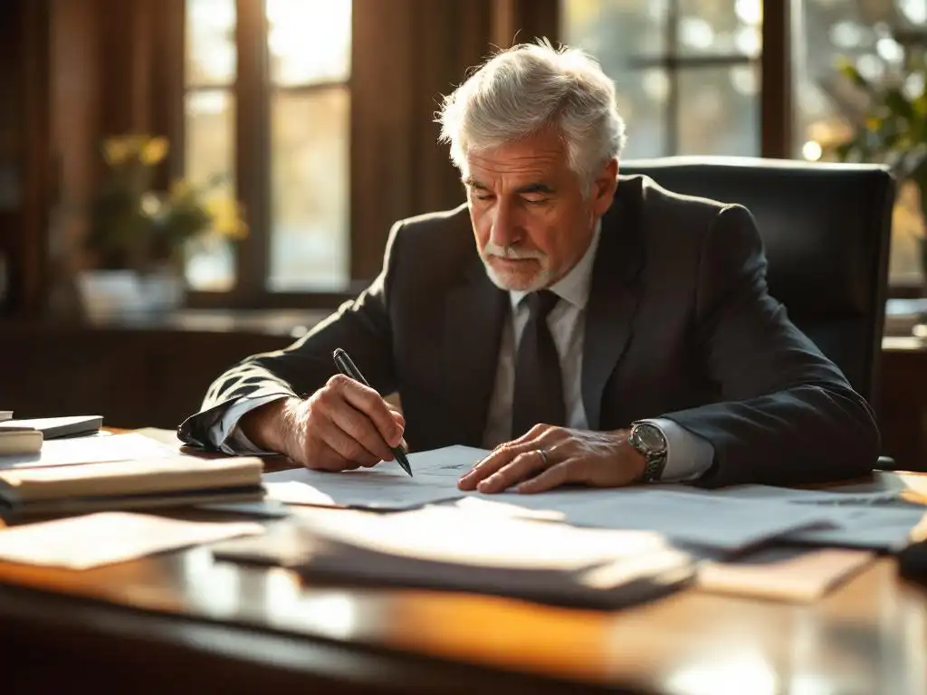 Ervaren belastingadviseur met grijs haar bestudeert stapel belastingdocumenten aan mahoniehout bureau bij raamlicht