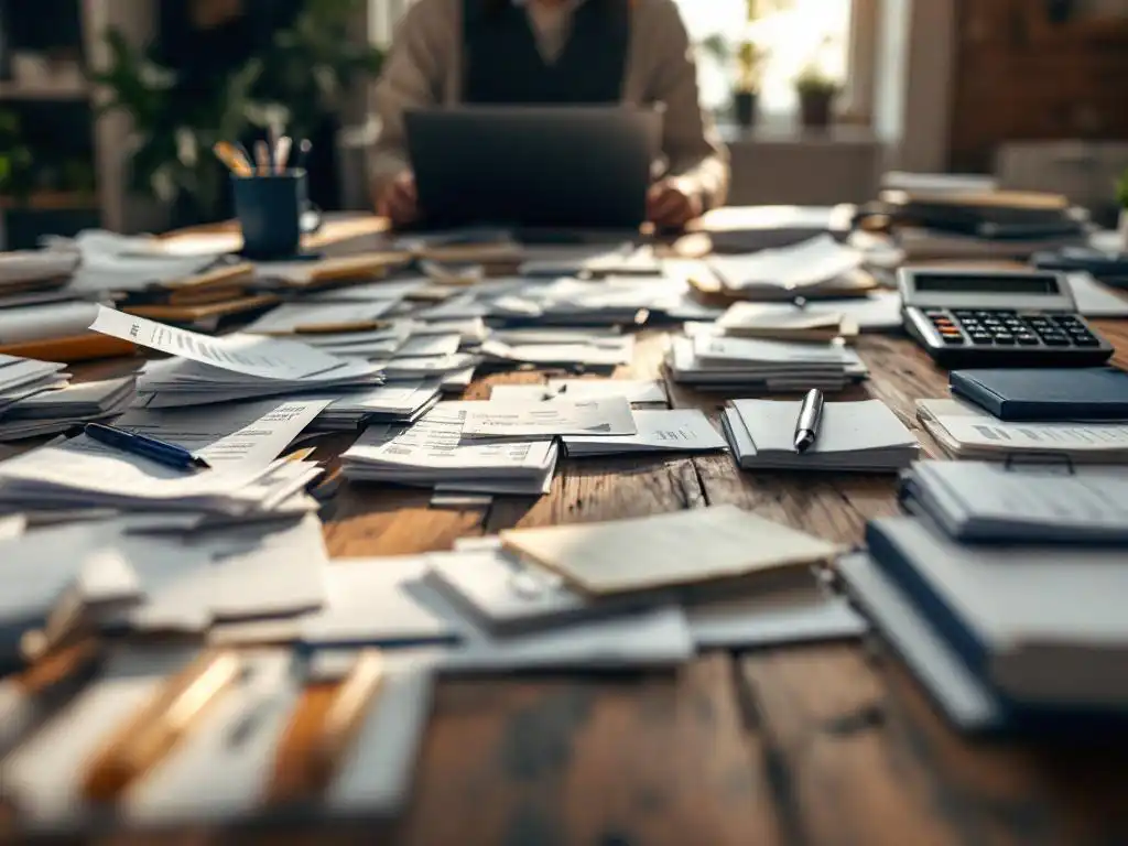 Rommelig houten bureau met stapels facturen overgaand naar georganiseerde werkplek met calculator en ordners