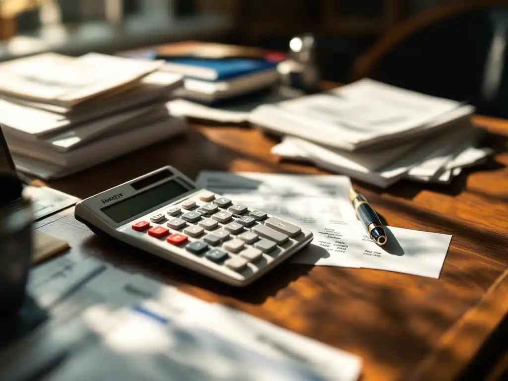 Professionele rekenmachine op houten bureau met financiële documenten, facturen en tariefoverzichten in warm kantoorlicht