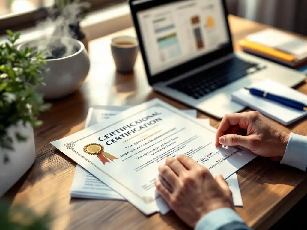 Professioneel certificaat met gouden zegel op houten bureau naast laptop met financiële spreadsheets en koffiekopje