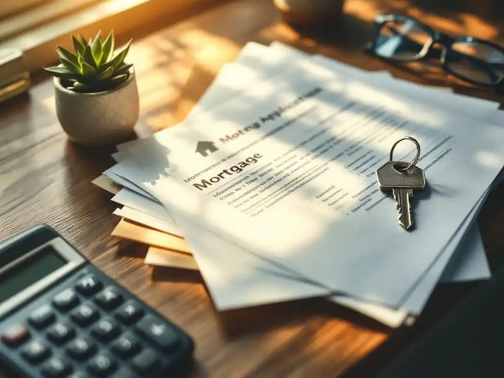 Stapel hypotheekaanvraagdocumenten met huissleutel op houten bureau naast rekenmachine, leesbril en vetplant