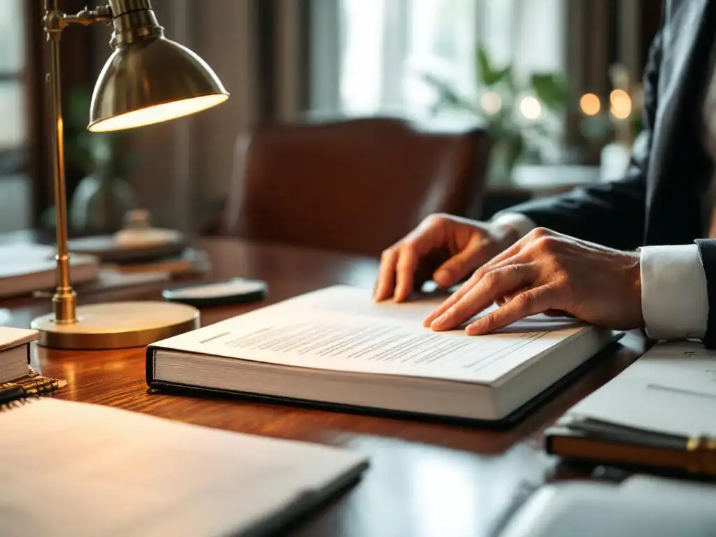 Accountant handen bekijken jaarverslag op mahonie bureau met financiële documenten en messing bureaulamp