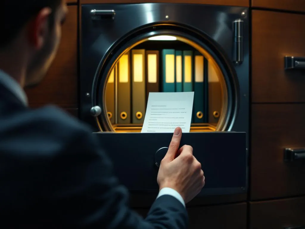 Professionele accountant plaatst vertrouwelijk document in georganiseerde archiefkast achter open kluisdeur