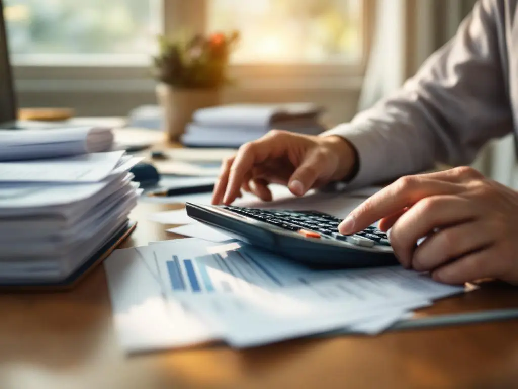 Accountant berekent salarissen met rekenmachine terwijl hij personeelsdossiers en loonstrookjes op houten bureau controleert