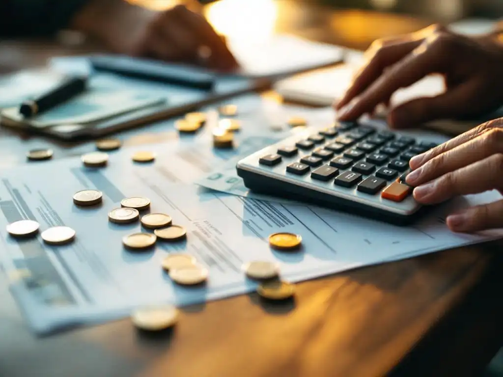 Professionele rekenmachine op stapel loonstroken met verspreide eurobiljetten en munten op houten bureau